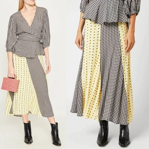 GANNI Daisy Printed Floral Crepe Paneled Maxi Skirt Gingham Yellow Flowy EU 40 - Picture 3 of 15